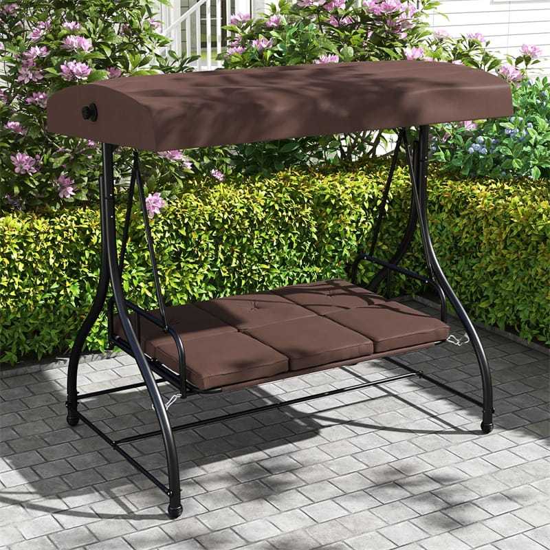2-in-1 Convertible Patio Swing with Adjustable Canopy & Removable Cushions, Steel Frame 3-Person Outdoor Swing Bed for Deck/Backyard/Garden