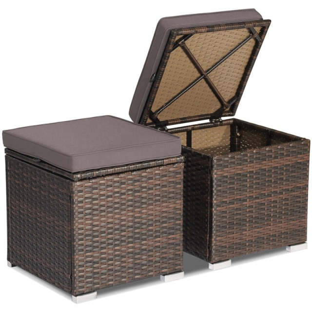 2PCS Wicker Patio Ottomans Hand-Woven PE Rattan Multipurpose Outdoor Footstool Side Table with Removable Cushions & Hidden Storage Box