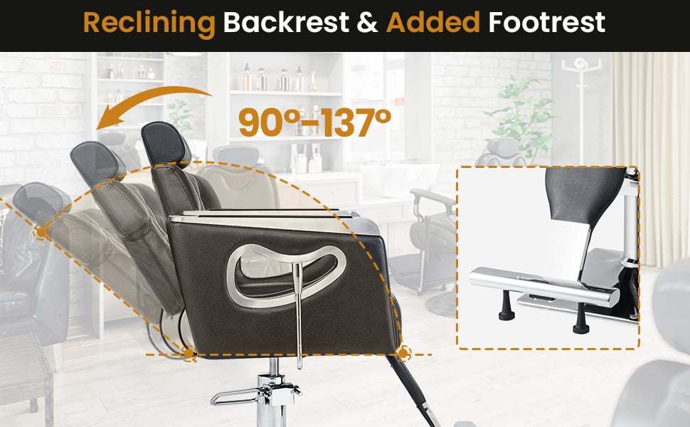 Reclining Salon Chair Heavy Duty Hydraulic Barber Chair Height Adjustable 360° Swivel Luxury Leather Padded Styling Chair with Headrest