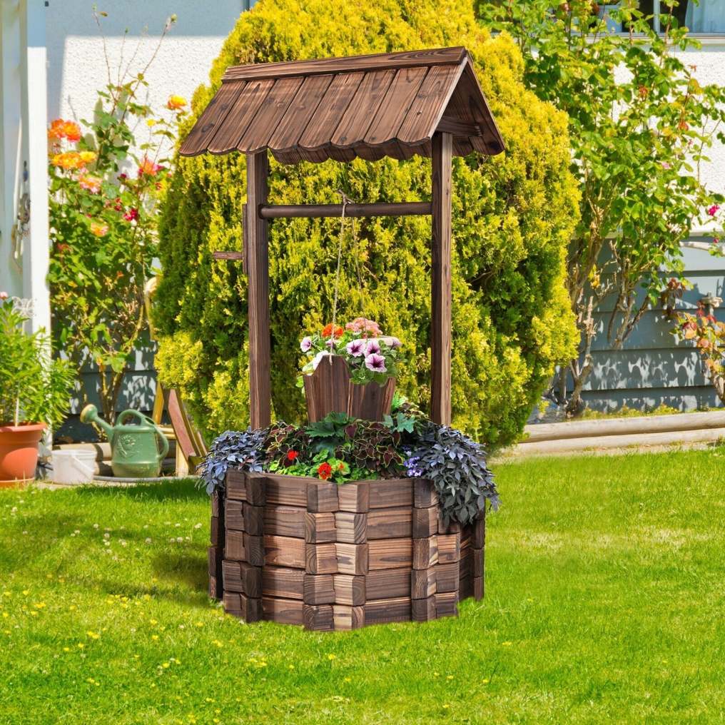 Rustic Wooden Wishing Well Planter with Hanging Bucket & Roof, Wishing Well Bucket Planter for Flower Plants Outdoor Garden Home Decor