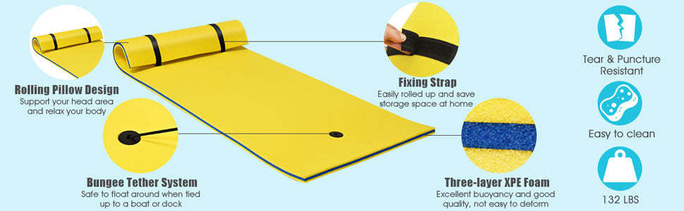 3-Layer Tear-proof XPE Foam Floating Water Pad Mat with Rolling Pillow Design