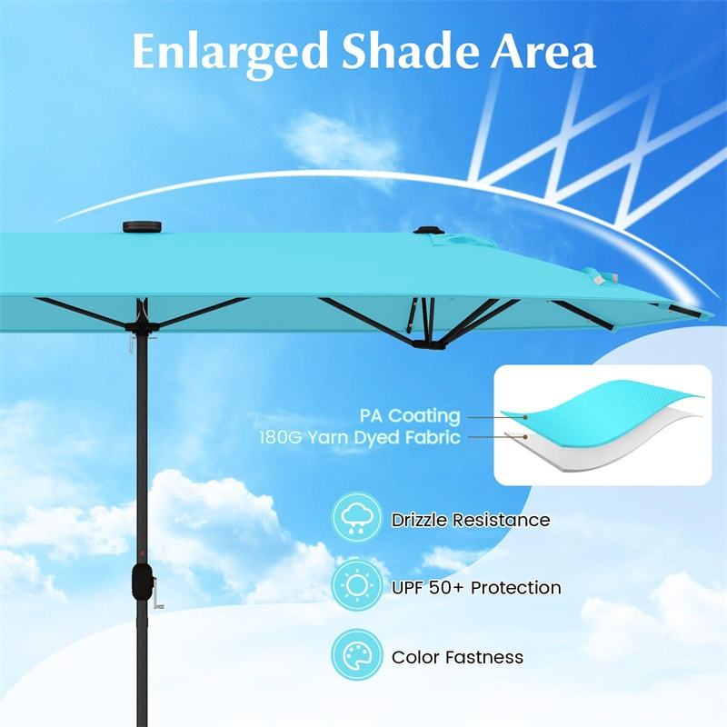 13FT Double-sided Patio Umbrella with Base, 36 Solar LED Lights & Crank Handle, Large Twin Table Umbrella for Poolside, Outdoor Dining