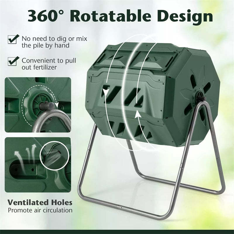 42-Gallon Dual Chamber Compost Tumbler, Rotating Outdoor Composter with Sliding Doors & Gloves, Metal Frame Compost Barrel for Garden Yard