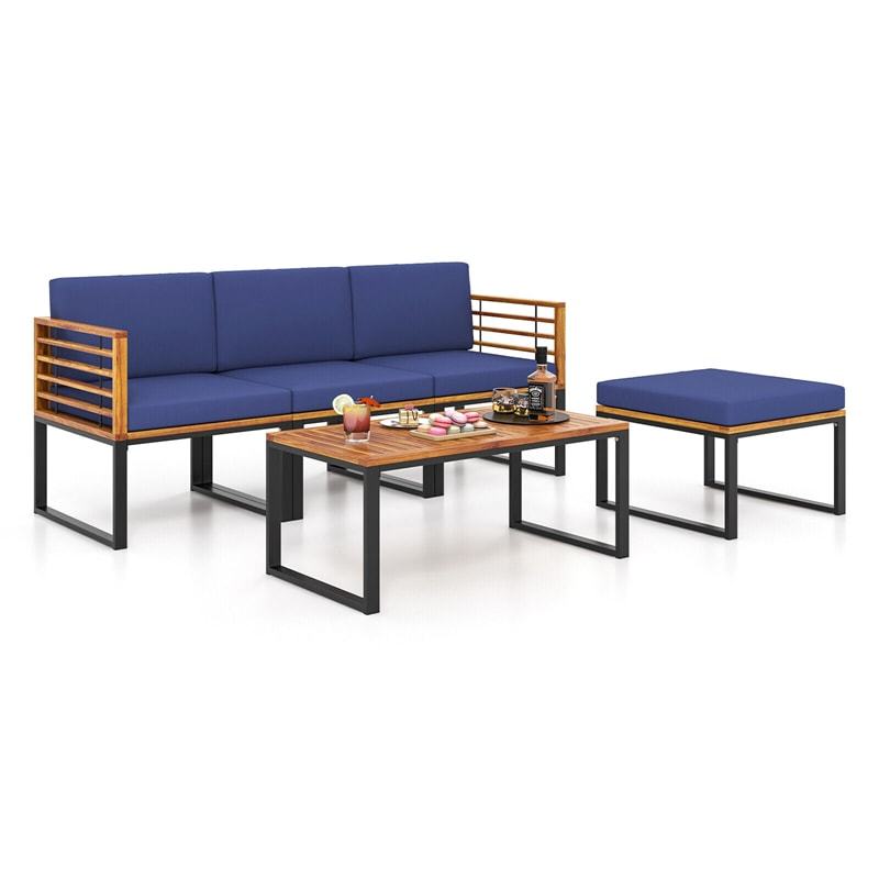 5 Piece Patio Furniture Set Metal Frame Acacia Wood Chair Coffee Table Set Outdoor 3-Seat Sofa Set with Ottoman, Back & Seat Cushions
