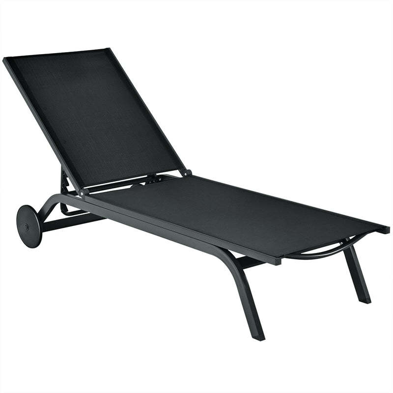 Outdoor Aluminum Chaise Lounge with 2 Large Wheels & 6-Position Adjustable Backrest, Patio Reclining Lounge Chair for Poolside, Backyard
