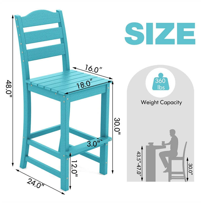 Outdoor HDPE Bar Stool, 30" Tall All Weather Patio Bar Chair with Backrest & Footrest for Garden, Backyard, Easy Maintenance