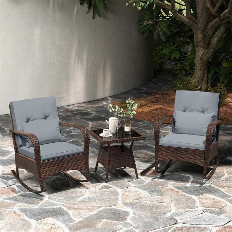 3-Piece PE Rattan Rocking Bistro Set with Removable Cushions & Tempered Glass Table, Outdoor Patio Furniture Set for Porch, Poolside, Backyard
