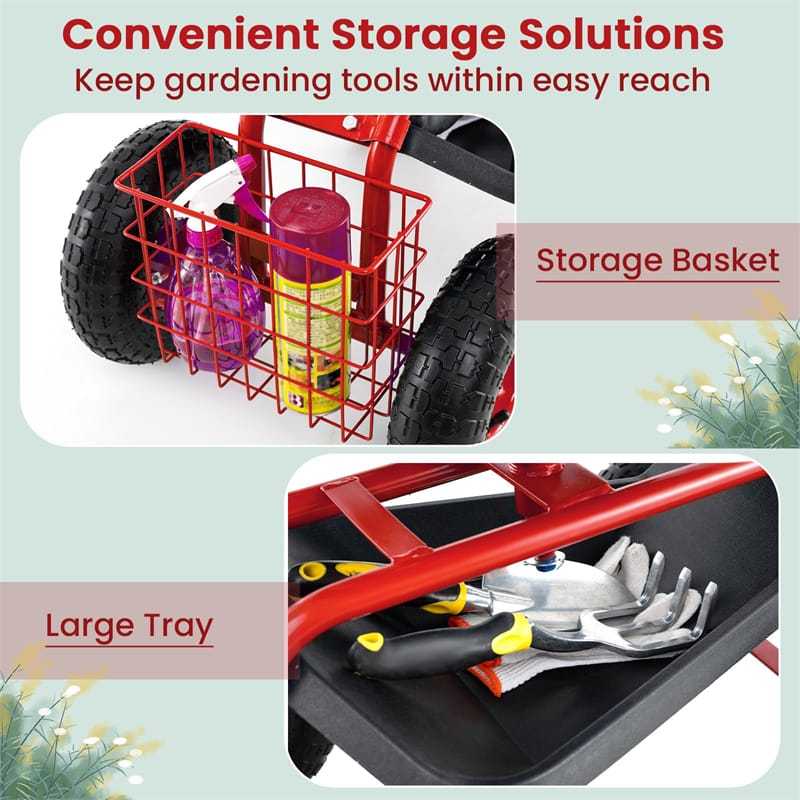 Rolling Garden Cart with 360° Swivel Seat, Tool Tray & Basket, Height Adjustable Gardening Workseat on Wheels, Patio Wagon Scooter for Planting