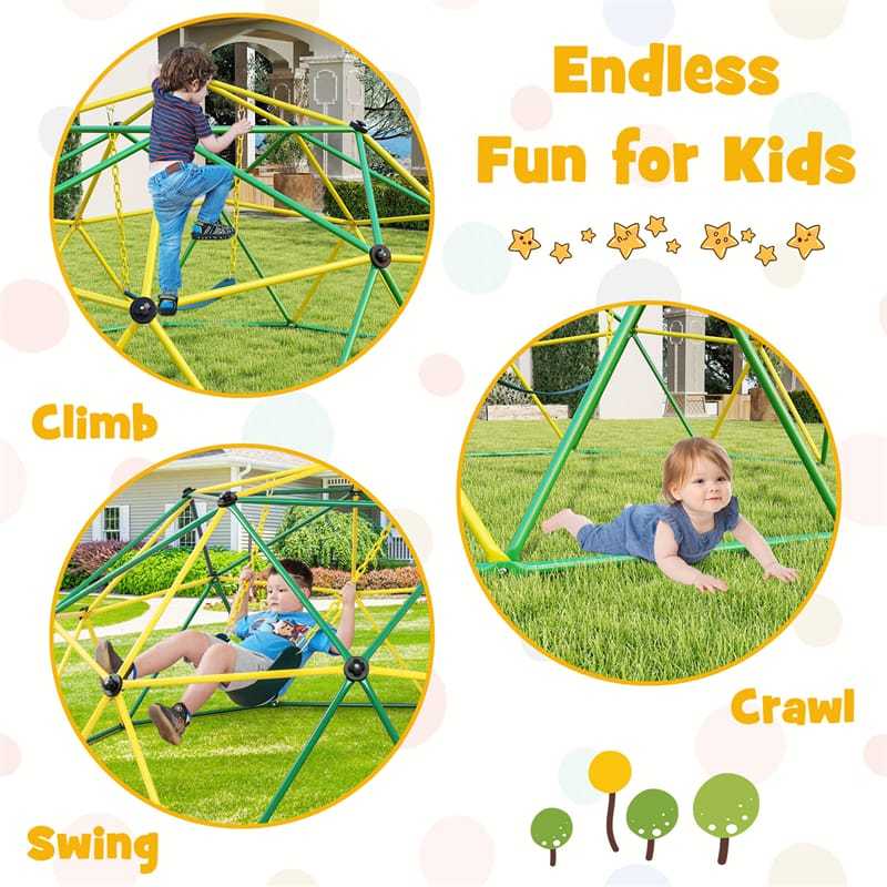 10FT Climbing Dome with Swing, Geometric Dome Climber Indoor Outdoor Jungle Gym Monkey Bar Climbing Toys for Kids Toddlers