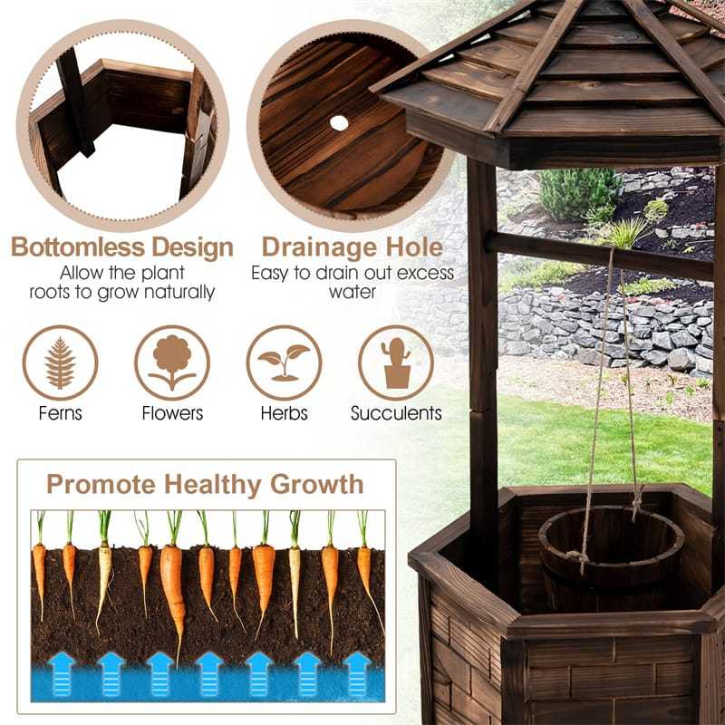 Rustic Wooden Wishing Well Planter with Hanging Bucket, Roof Shadow, Reinforced Rod, Hexagon Wishing Well for Outdoor Backyard, Patio & Garden Decor