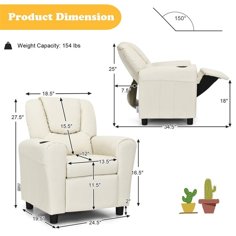 Kids Recliner Chair with Cup Holder, Armrests & Retractable Footrest, Children PU Leather Sofa Armchair, Ergonomic Toddler Room Furniture