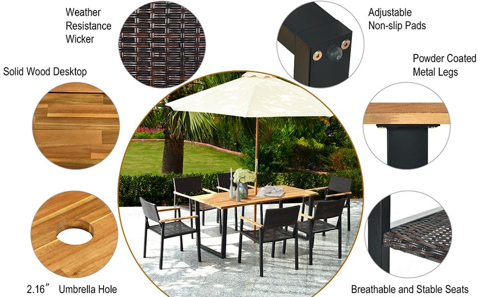 7 Pcs Rattan Patio Dining Furniture Set with Acacia Wood Table & Wicker Chairs