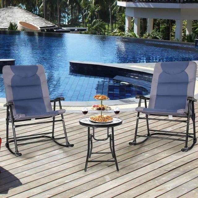 3 Piece Outdoor Folding Bistro Set, High Back Patio Rocking Chairs with Padded Seat & Glass Table for Backyard, Poolside & Deck