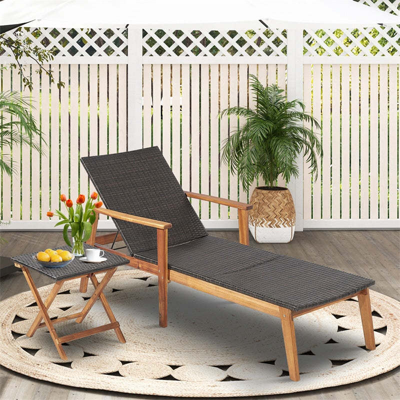 Patio Rattan Chaise Lounge Chair, Acacia Wood Frame Outdoor Recliner with 4-Position Adjustable Backrest for Poolside Backyard Garden, 800LBS Capacity