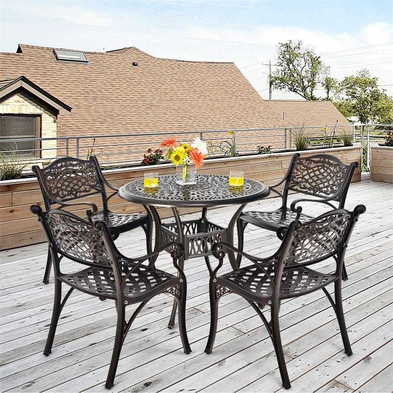 5 Piece Cast Aluminum Patio Bistro Set, All-Weather Outdoor Round Dining Table with Umbrella Hole & 4 Ergonomic Chairs for Backyard, Garden, Poolside