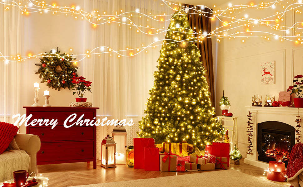 9ft Pre-lit Christmas Tree Spruce Hinged Artificial Xmas Tree with 700 LED Lights & Solid Metal Stand