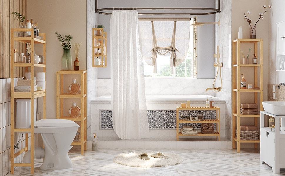 Multifunctional 3-Tier Bamboo Shelf Adjustable Utility Storage Stand Rack