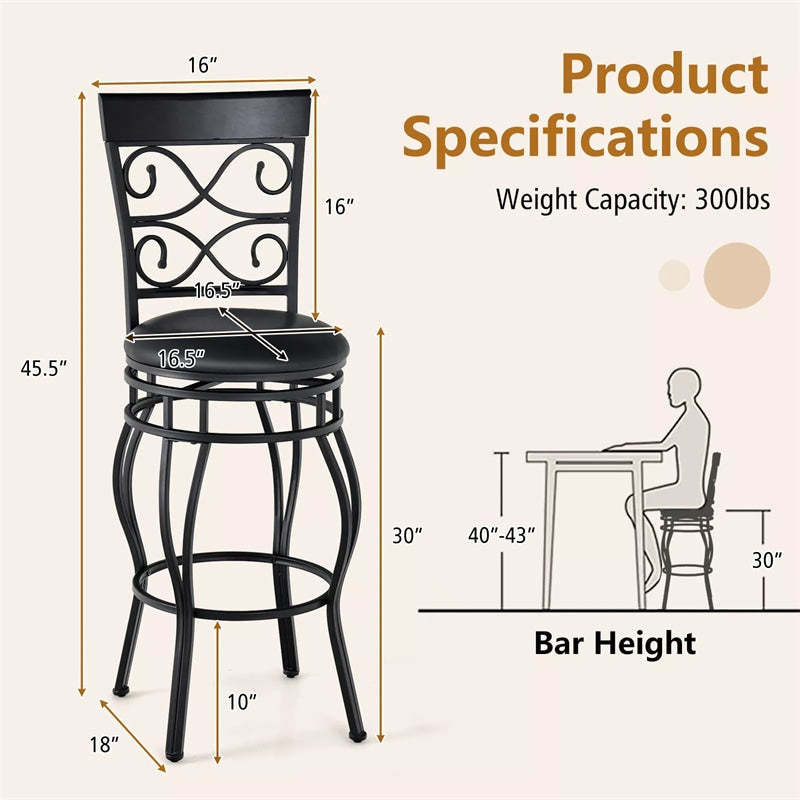 Swivel Metal Bar Stools Set of 2, 30" Bar Height Barstools with Back, PU Leather Padded Seat, 330LBS Capacity for Kitchen Island/Pub/Dining Room