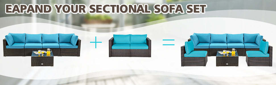 2 PCS Patio Rattan Sectional Corner Sofa Furniture Set Wicker Outdoor Loveseat with Cushions for Balcony Poolside Deck