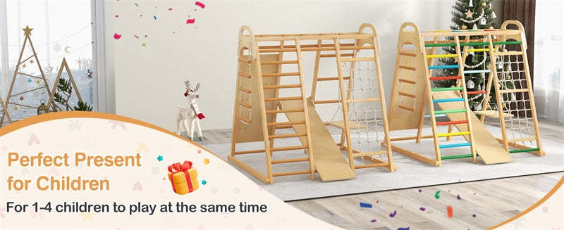 8-in-1 Kids Indoor Jungle Gym, Wooden Montessori Playground Climbing Playset with Slide, Swing, Monkey Bars, Rope Ladder for Boys & Girls