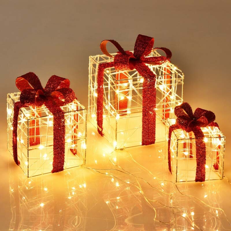 3PCS Christmas Lighted Gift Boxes, LED Xmas Decorative Boxes with 60 Lights & Waterproof Plug, Indoor/Outdoor Holiday Presents Set