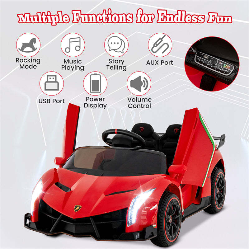 12V Kids Ride-On Car, Licensed Lamborghini 4WD Sports Car with Remote, LED Lights, Hydraulic Doors, Battery-Powered Electric Vehicle, Ages 3-8