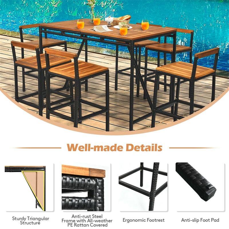 7-Piece Outdoor Acacia Wood Bar Height Dining Set Patio Rattan Bar Stool Table with Umbrella Hole