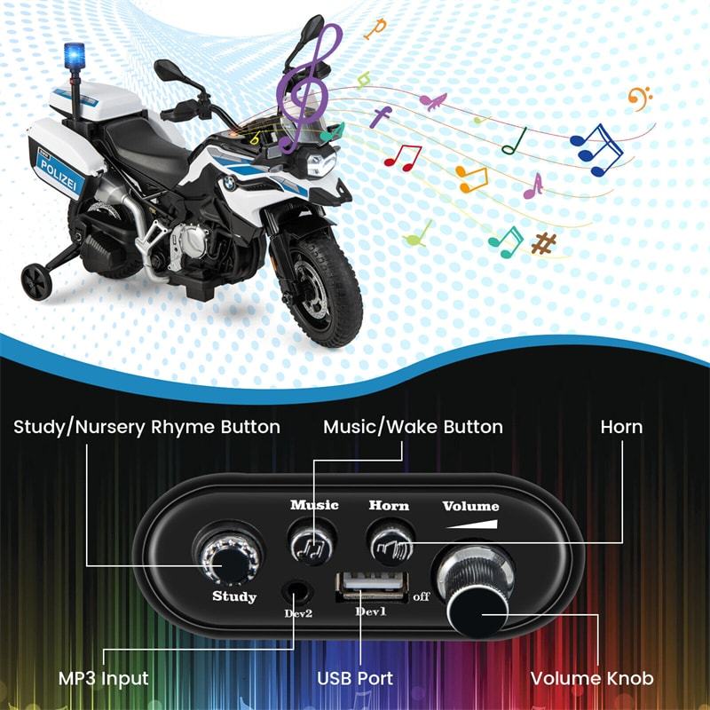 12V Battery Powered Kids Ride On Police Motorcycle Licensed BMW Dirt Bike with Training Wheels & Siren Light