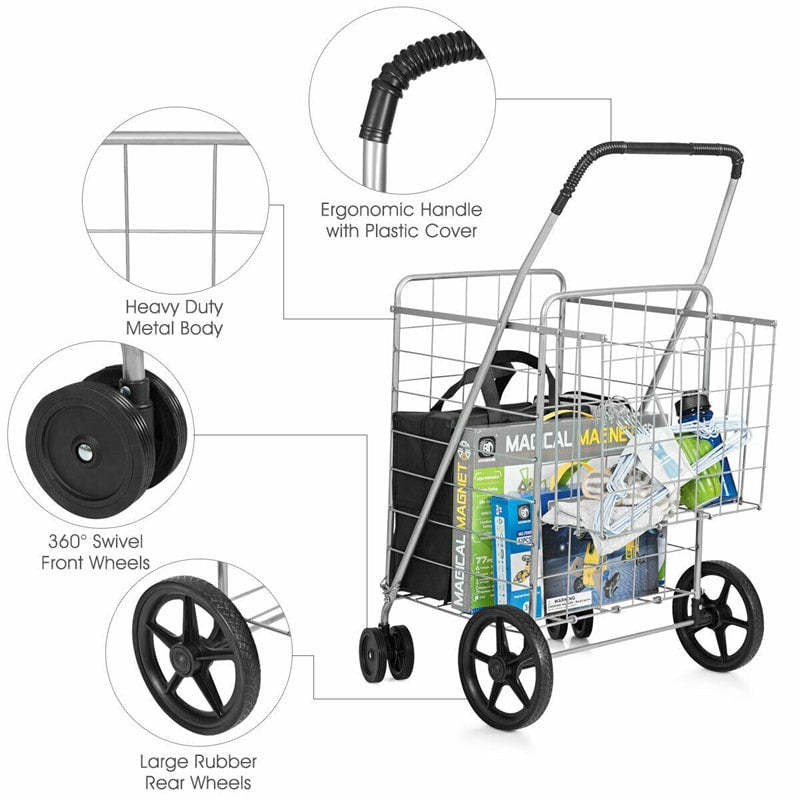 Jumbo Folding Shopping Cart  Utility Cart with Double Basket & Swivel Wheels