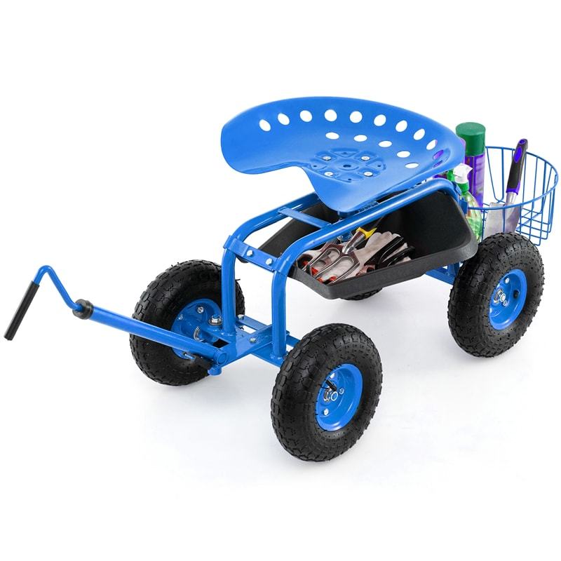 Rolling Garden Cart with 360° Swivel Seat, Extendable Hook Handle, Tool Tray, Storage Basket, Height Adjustable Gardening Workseat on Wheels