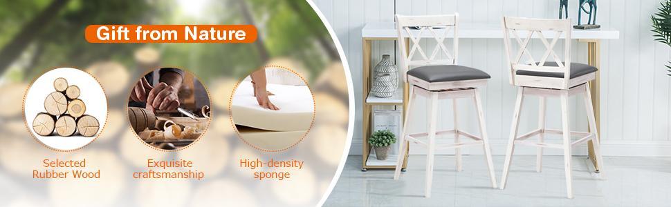 29 Inch Swivel Counter Height Bar Stool Set of 2 with Rubber Wood Legs