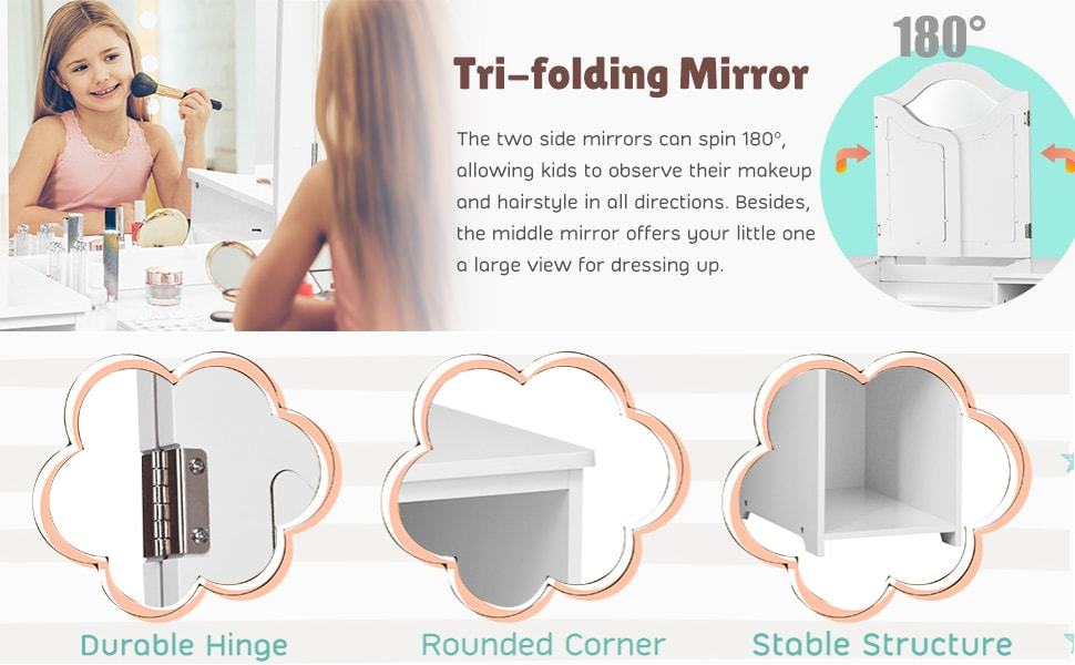 2-in-1 Kids Vanity Table Set Makeup Dressing Table with Tri-fold Mirror Detachable Top & Storage Shelves