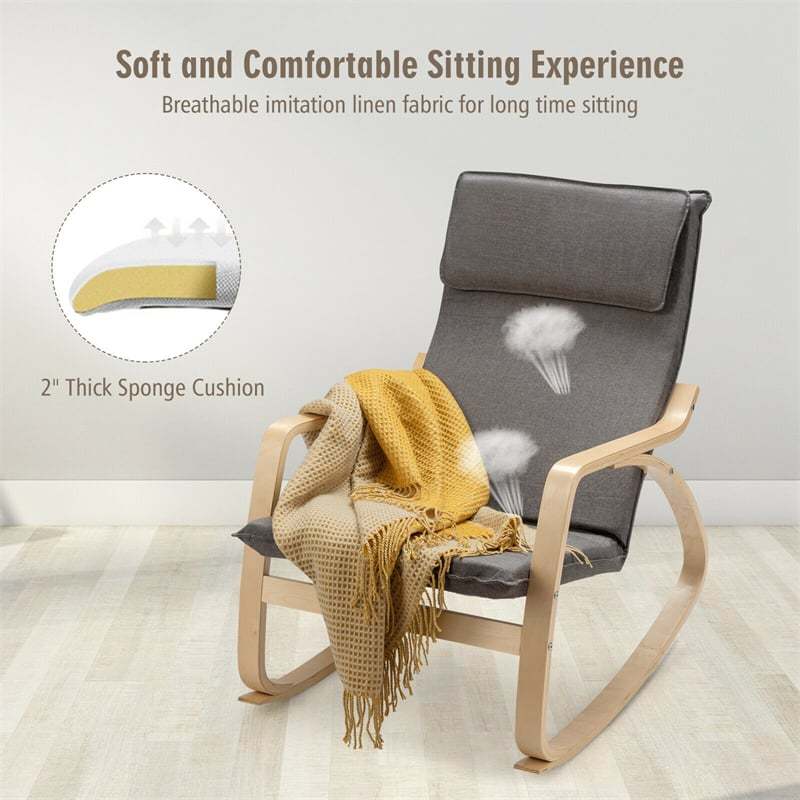 Modern Bentwood Rocking Chair with Removable Upholstered Cushion, Ergonomic Leisure Accent Rocker for Living Room, Bedroom & Nursery
