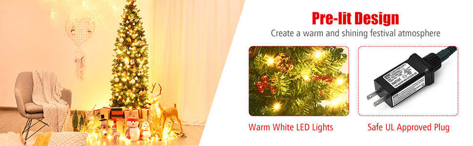 Pre-lit Hinged Pencil Artificial Christmas Tree w/ Pine Cones Red Berries and LED Lights