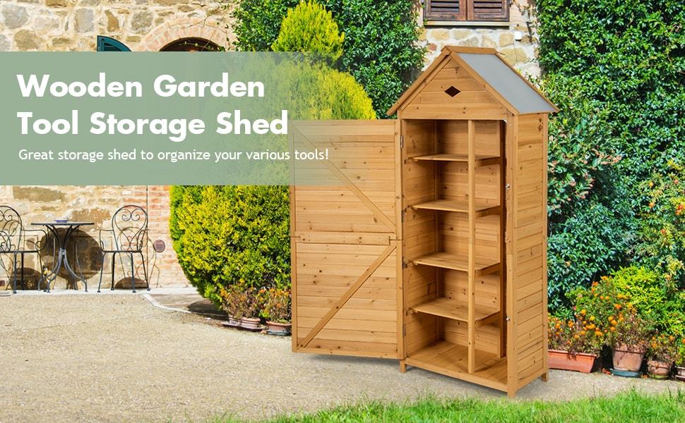 70" Wooden Outdoor Storage Shed Lockable Garden Tool Cabinet with 5 Shelves & Galvanized Sheet Roof