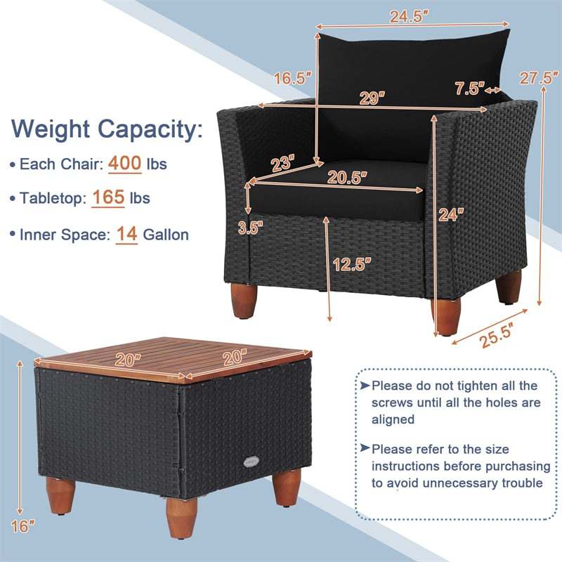 3PCS Patio Rattan Furniture Set Cushioned Sofa Chair Storage Coffee Table with Acacia Wood Top, Outdoor Wicker Conversation Set for Garden