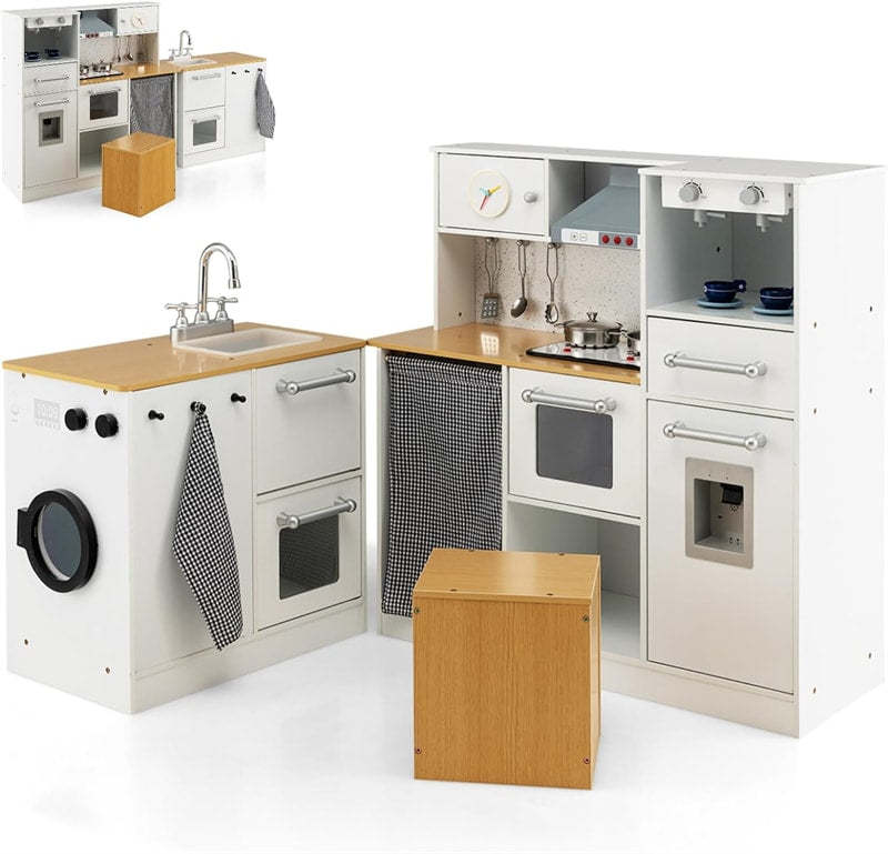 2-Piece Kids Wooden Kitchen Playset Little Chef Pretend Play Kitchen Toy Set with Movable Stool, Realistic Lights, Washing Machine & Coffee Maker