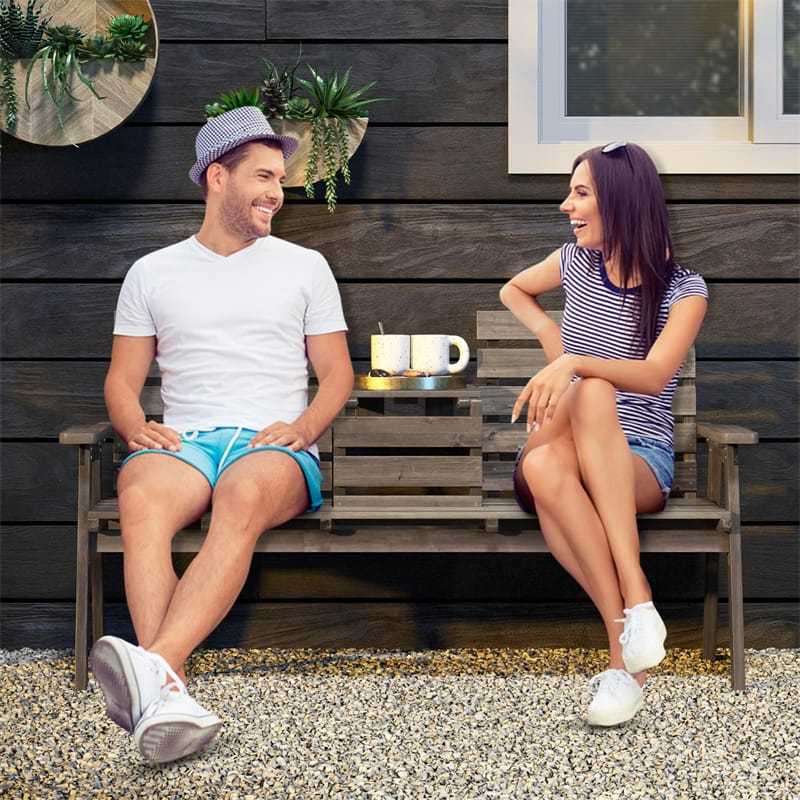 Outdoor Fir Wood Bench with Foldable Middle Table, 710lbs Capacity, 2-3 Person Garden Bench with Backrest & Armrests, Slatted Seat Bench for Porch