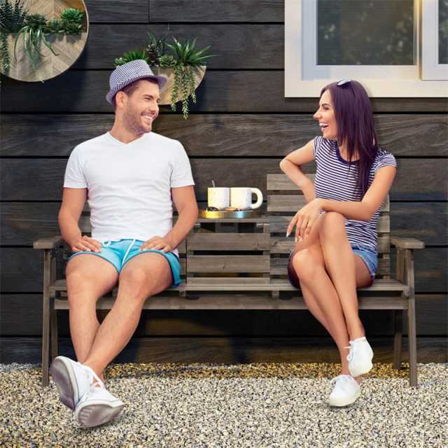 Outdoor Fir Wood Bench with Foldable Middle Table, 710lbs Capacity, 2-3 Person Garden Bench with Backrest & Armrests, Slatted Seat Bench for Porch