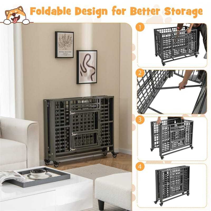 Folding Metal Dog Crate 37" Collapsible Heavy Duty Dog Crate with 3 Lockable Doors & Wheels, Indoor Outdoor Pet Kennel for Small Medium Dogs