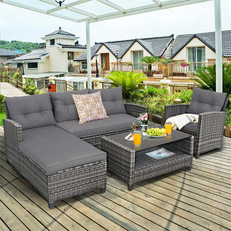 4 Piece Rattan Patio Conversation Set Sectional Sofa Set with Coffee Table & Cushions