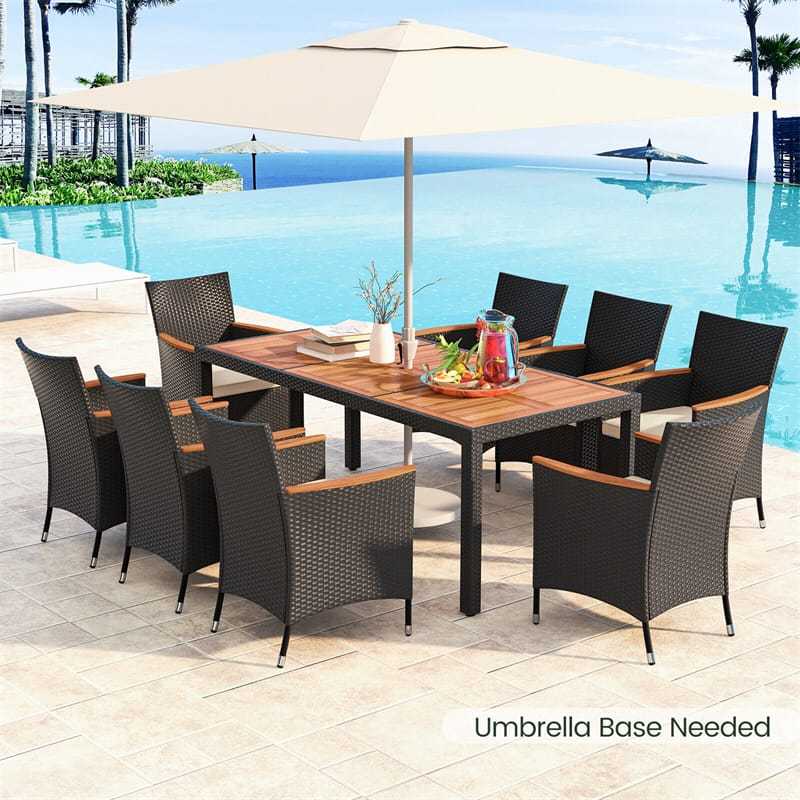 9 Pieces Rattan Outdoor Dining Set Large Patio Conversation Set with Acacia Wood Tabletop, Umbrella Hole & Seat Cushions