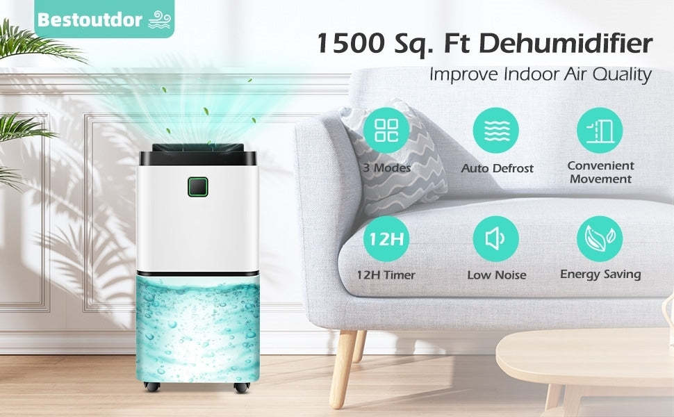 1500 Sq. Ft 24 Pints Portable Dehumidifier for Medium to Large Rooms Basements with 3-Color Indicator Lights & 4 Wheels