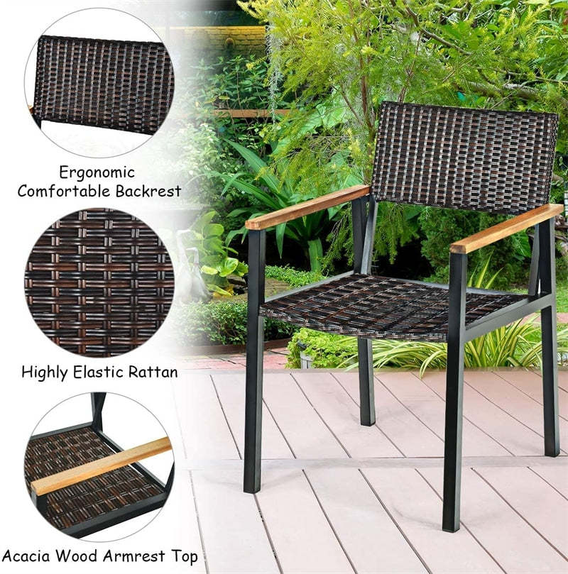 7 Pcs Rattan Patio Dining Furniture Set with Acacia Wood Table & Wicker Chairs