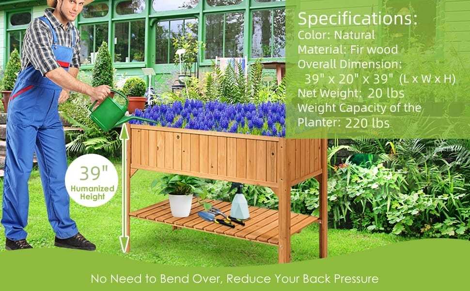 Raised Garden Bed Outdoor Fir Wood Elevated Planter Box Standing Herb Garden Planter with Storage Shelf