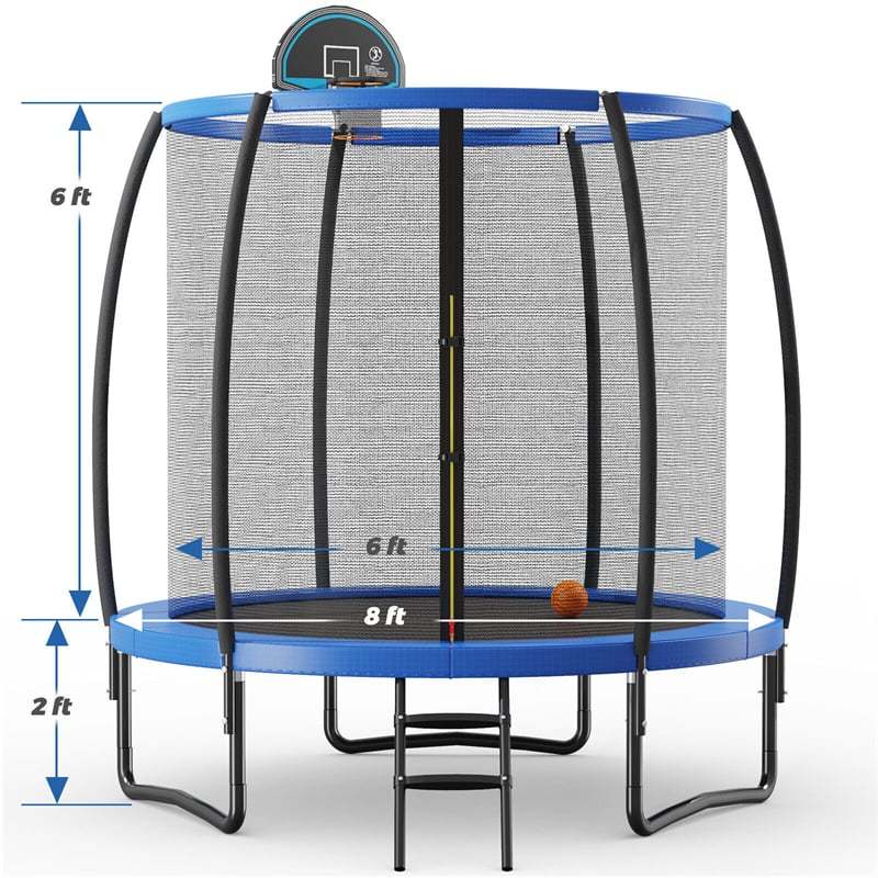 8FT Recreational Trampoline ASTM Approved Large Trampoline with Safety Enclosure Net Ladder Basketball Hoop & Ballpump