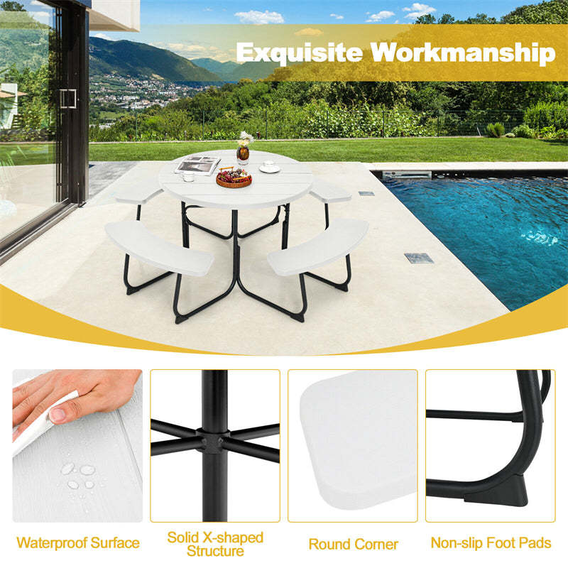 8-Person Outdoor Round HDPE Picnic Table & Bench Set with Umbrella Hole, Metal Frame, 2000LBS Capacity Patio Table Bench Set for Backyard Garden