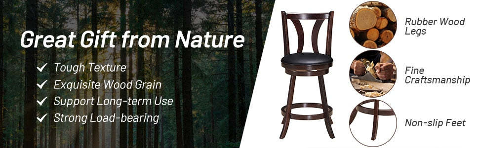 24" 360 Degree Swivel Bar Stools Set of 2 Leather Counter Height Stools with Backs