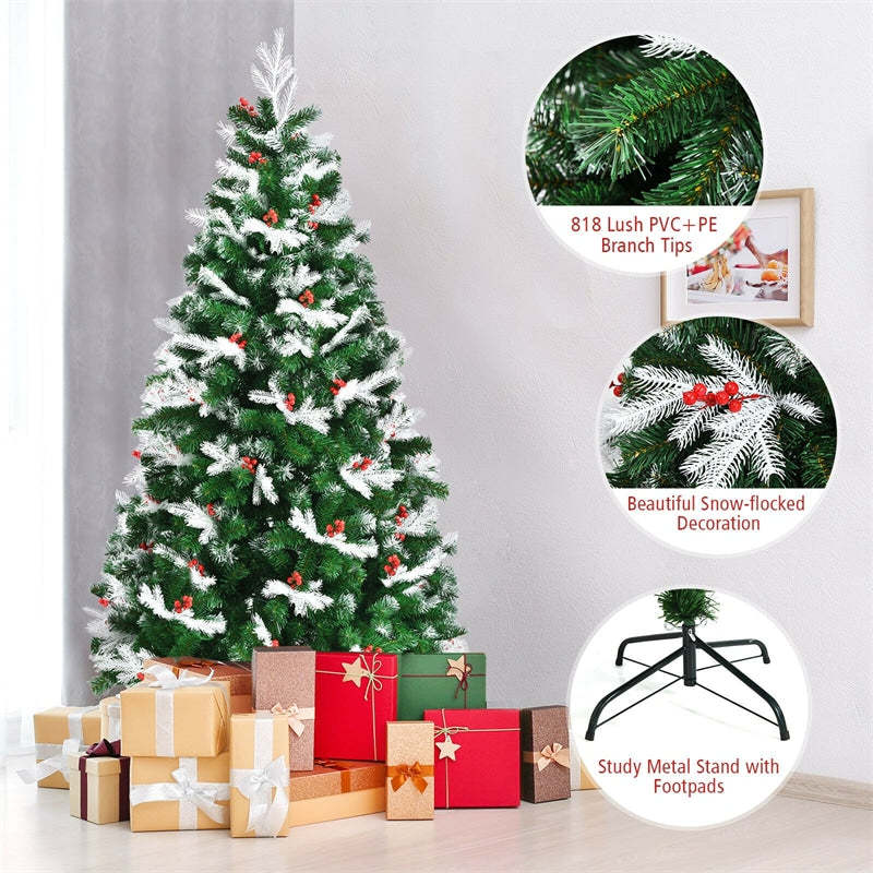 6ft Unlit Snow Flocked Hinged Christmas Tree with Folding Metal Stand