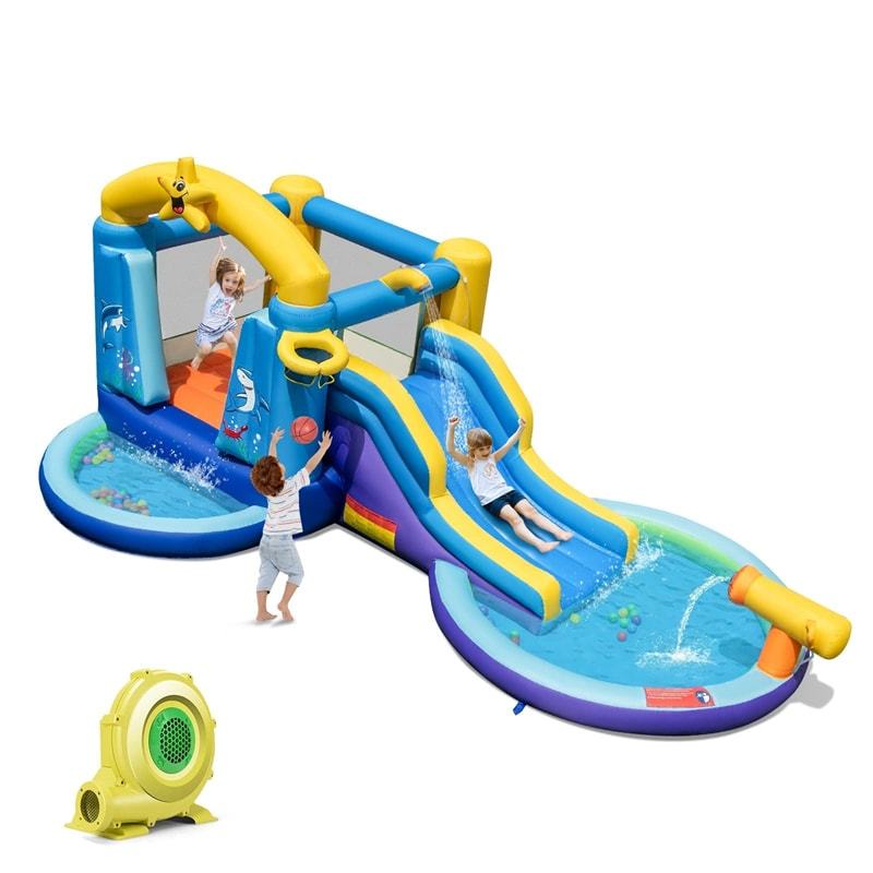 Inflatable Water Slide Ocean Theme Bounce House Water Park with Surfing Slide, 2 Splash Pools, 735W Blower, Water Cannon for Kids Indoor Outdoor Party